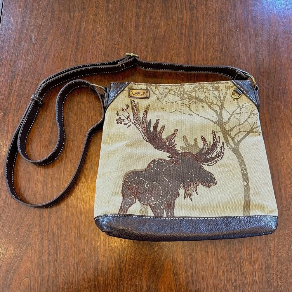 RARE Chala Moose Brown Canvas and Vegan Leather Handbag Crossbody Bag Purse